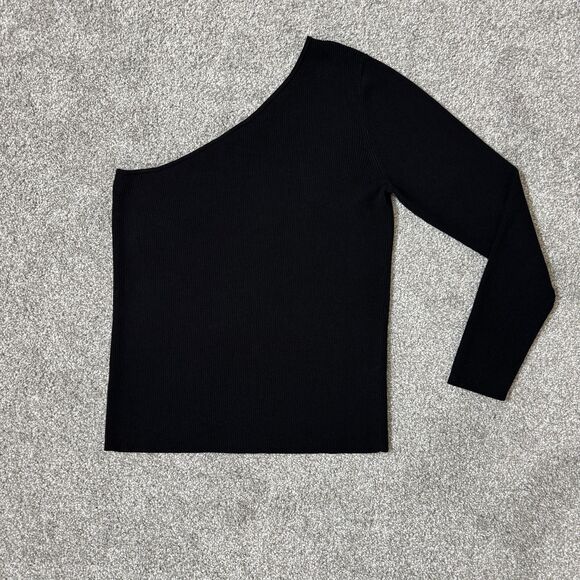 Halogen Sweater Womens Large Black One Shoulder Asymmetrical Ribbed Pullover Top - Picture 1 of 10